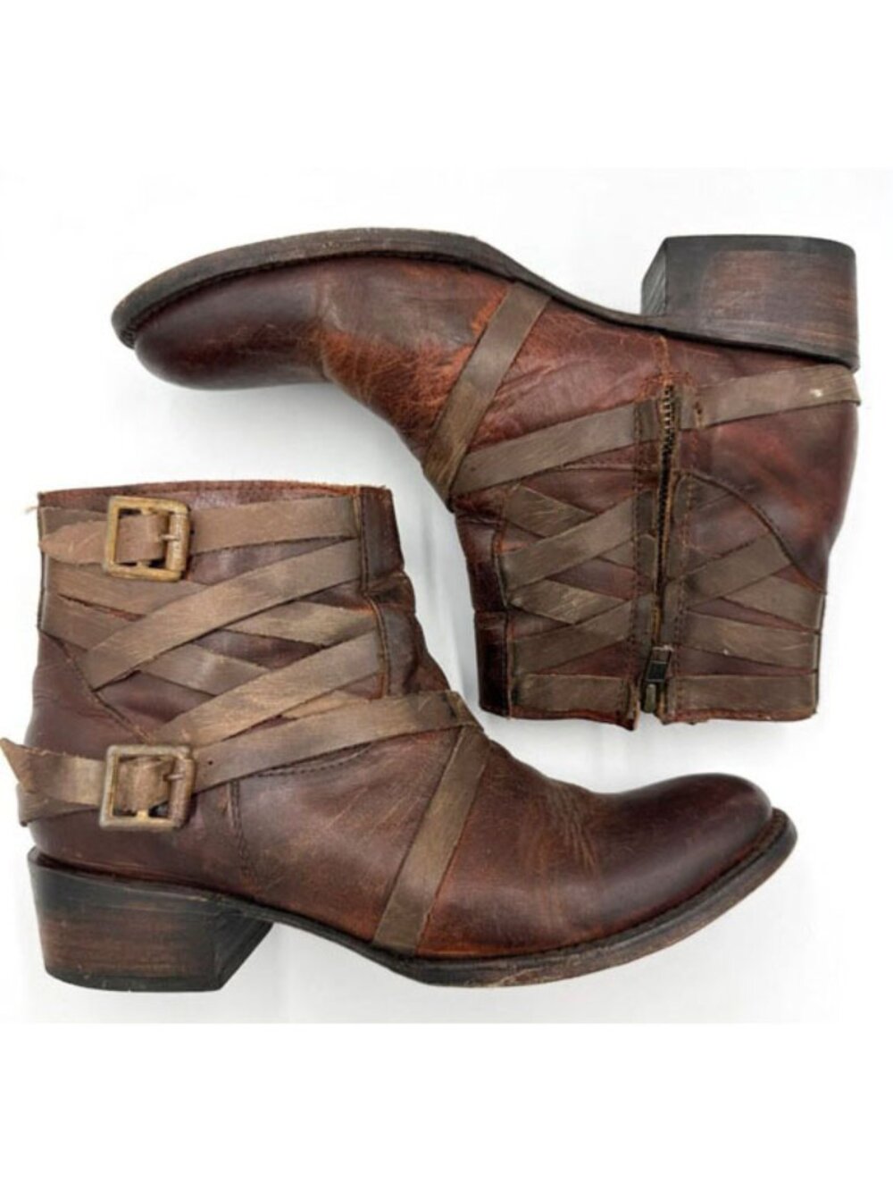 Freebird by Steven Sammi Women’s Size 8 Brown Leather Strappy Buckle Ankle Boots